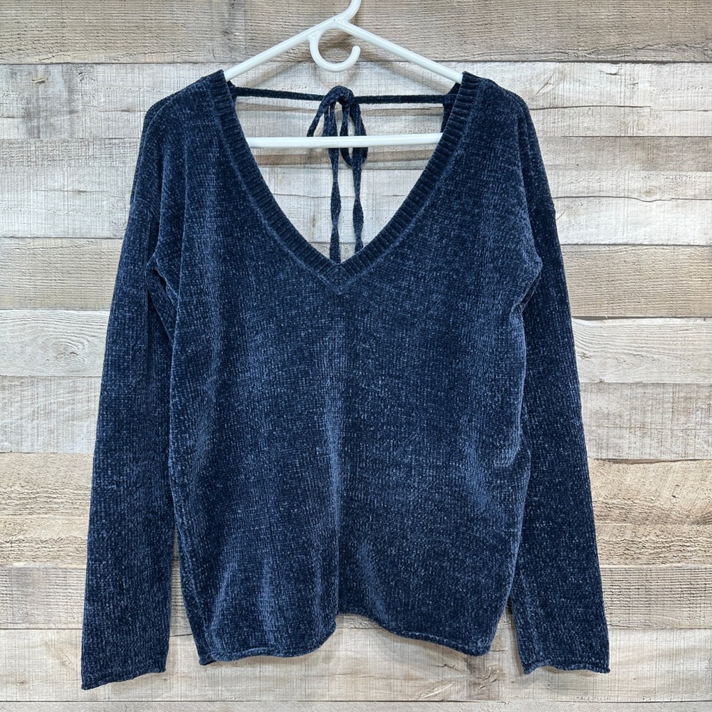 Garage Womens Navy Blue Chenille V-Neck Tie Back Oversized Sweater XS